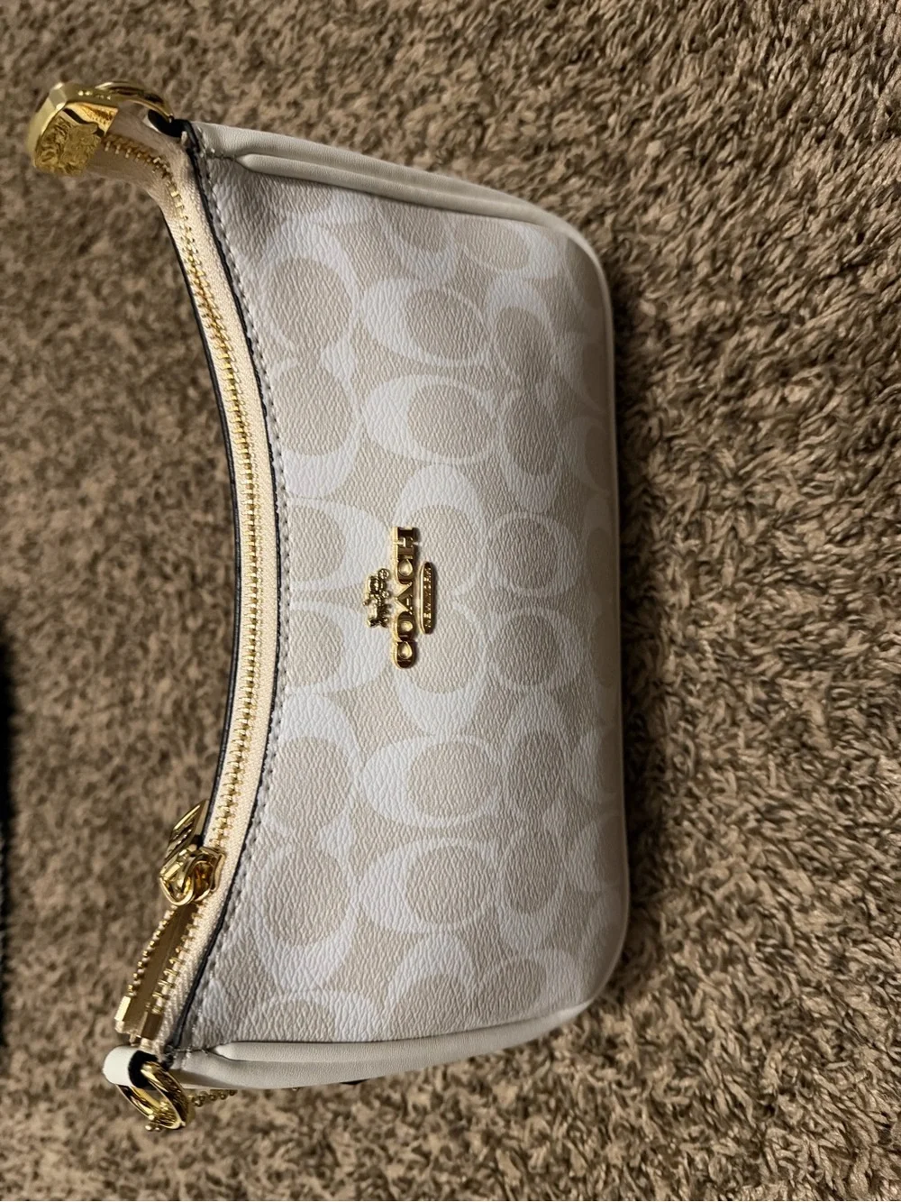 Coach Cream and White Signature Shoulder Bag with Gold-Tone Hardware